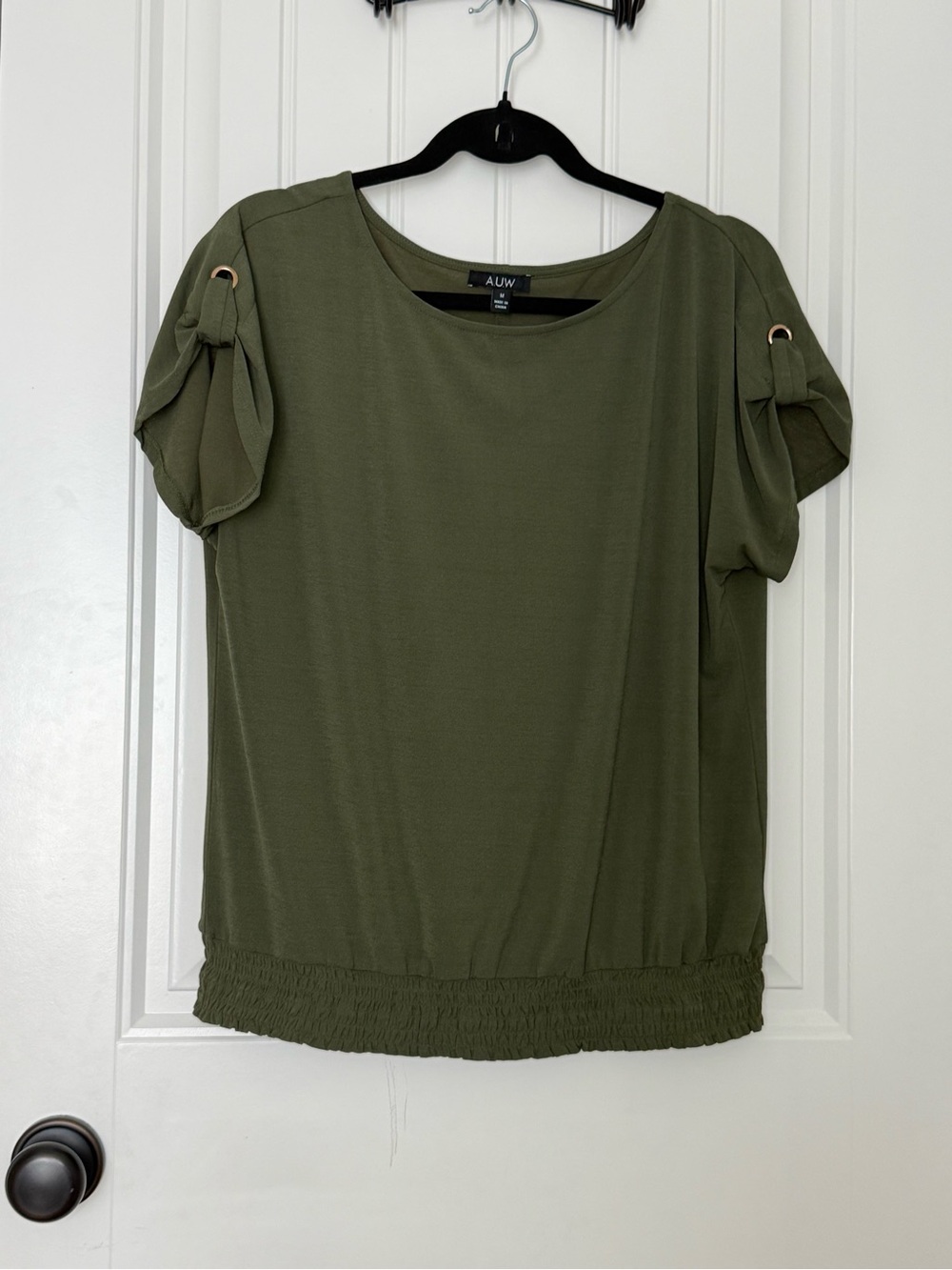 Olive Green Short-Sleeve Blouse with Ring-Detail Sleeves